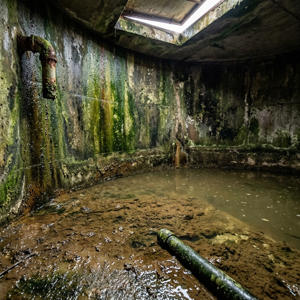 Dirty water tank before cleaning in Chandrapur - sludge, algae and contamination visible